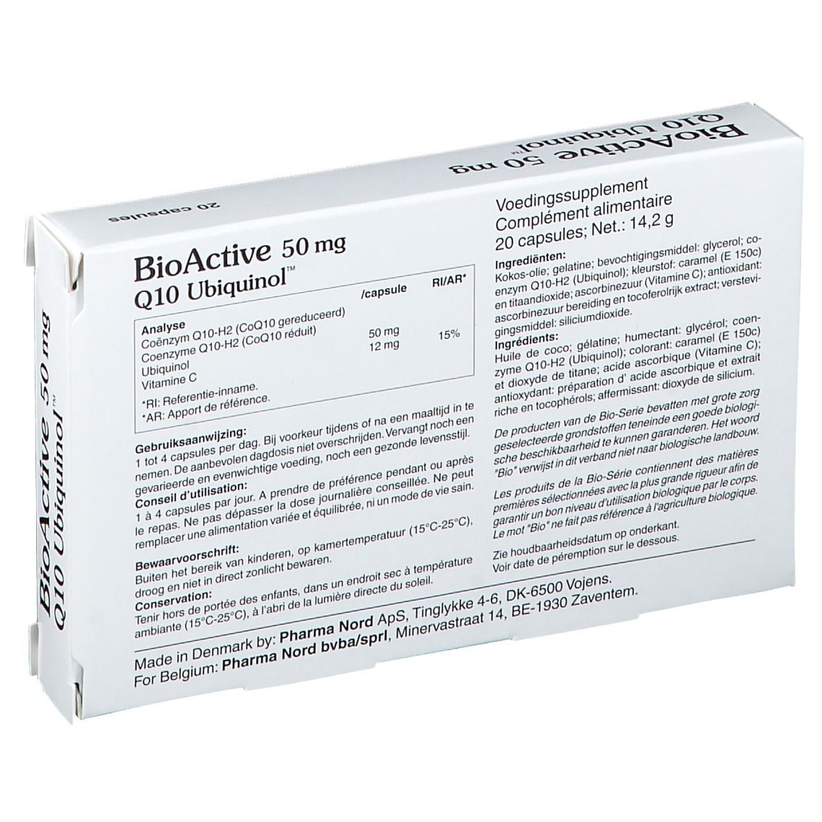 Rückseite der Schachtel BioActive 50 mg Q10 Ubiquinol™. Enthält 20 Kapseln. Inhaltsstoffe und Analyse.