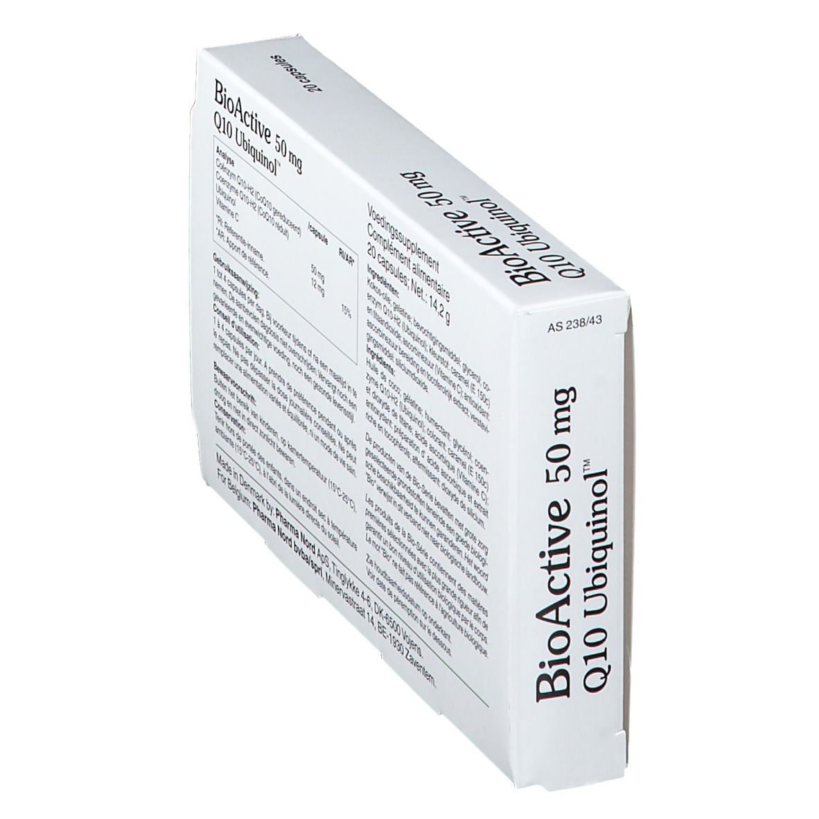 Schachtel BioActive 50 mg Q10 Ubiquinol™. Enthält 20 Kapseln. Pharma Nord Logo und QH-Qualitätssiegel.