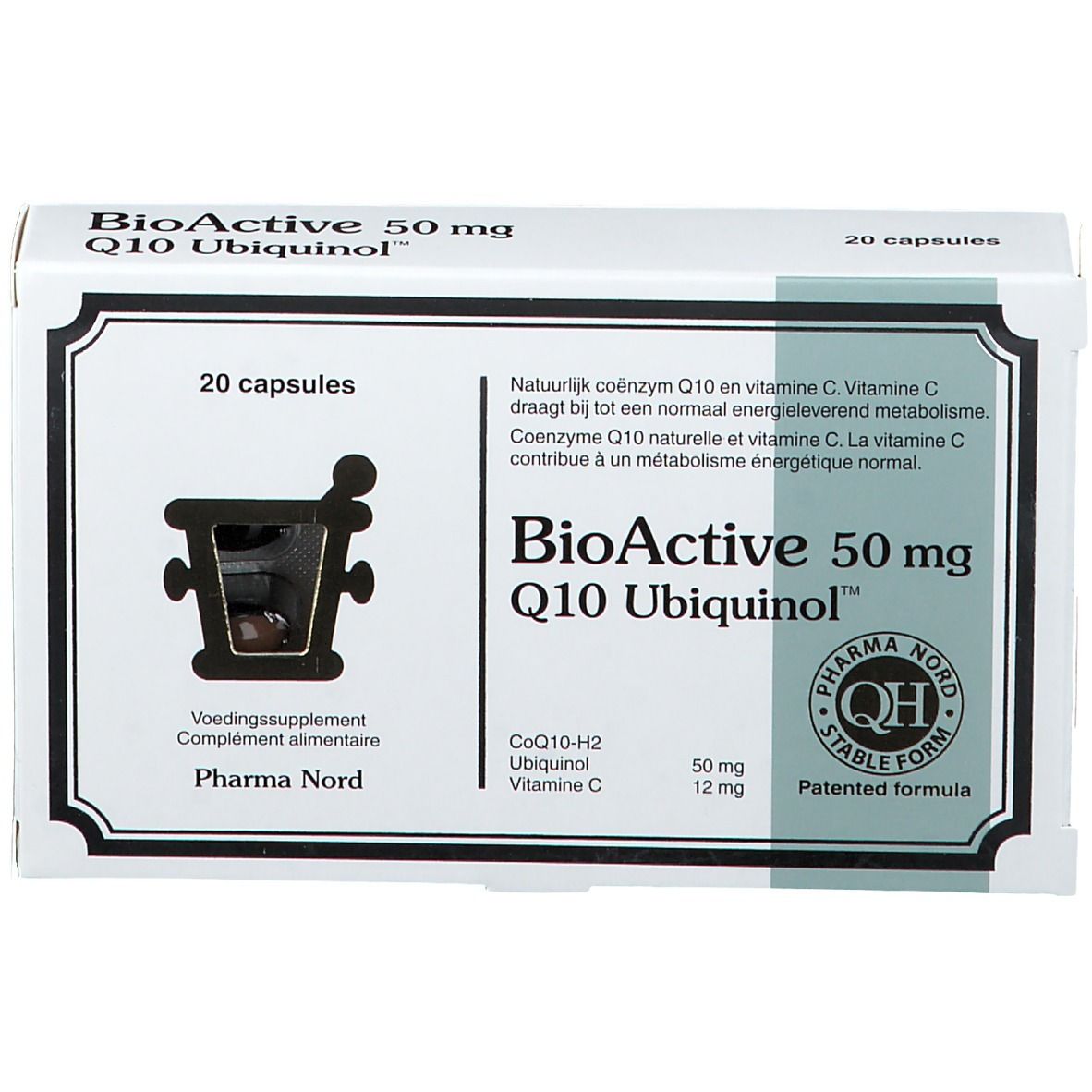 Schachtel mit BioActive 50 mg Q10 Ubiquinol™. Enthält 20 Kapseln. Pharma Nord Logo und QH-Qualitätssiegel.