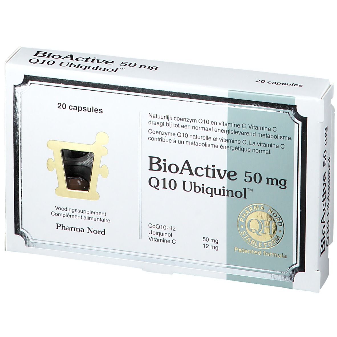 Schachtel mit BioActive 50 mg Q10 Ubiquinol™. Enthält 20 Kapseln. Pharma Nord Logo und QH-Qualitätssiegel.