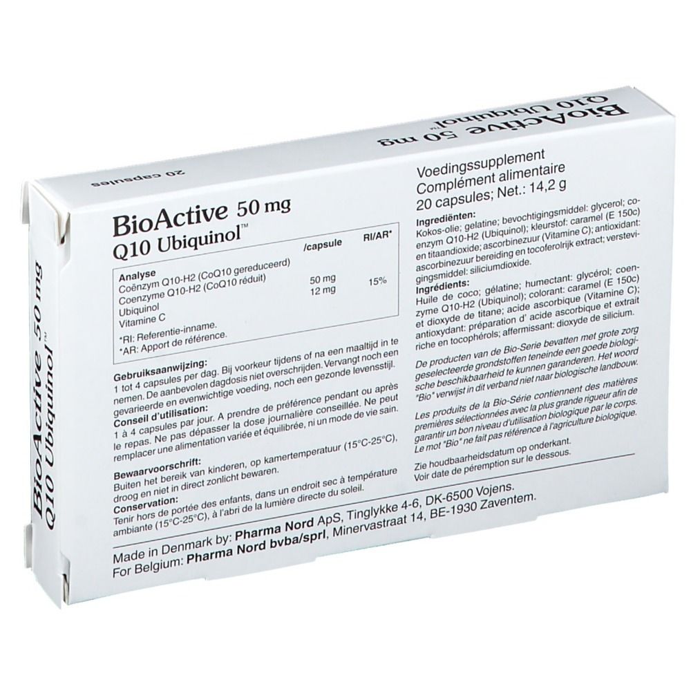 Dos de la boîte BioActive 50 mg Q10 Ubiquinol™, 20 capsules. Ingrédients et analyse.