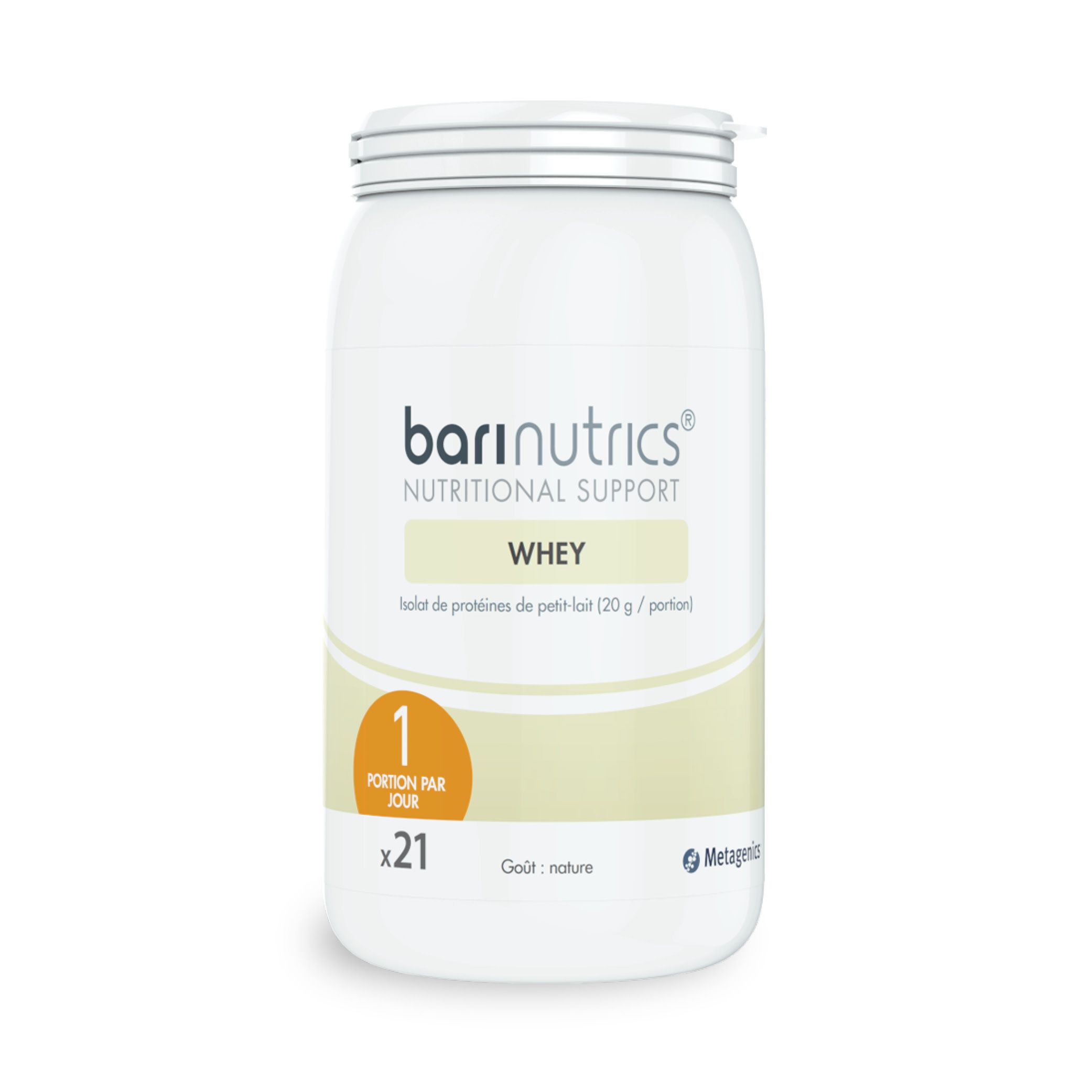 Pot de BariNutrics Molke Natur. Inscription: Nutritional Support, Whey, 1 portion par jour, x21. Goût nature.