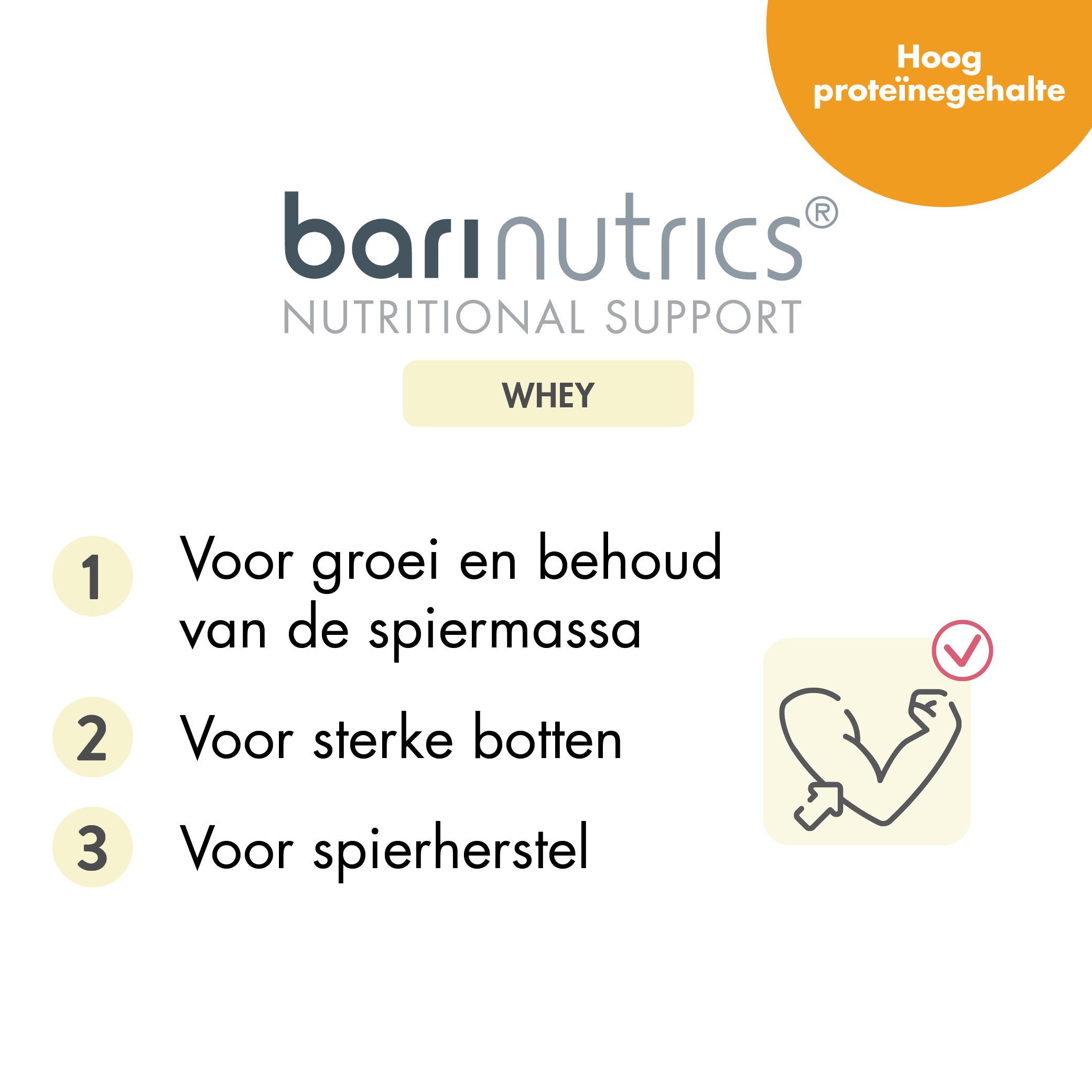 Infographic met tekst: Spiergroei, sterke botten, spierherstel. Logo BariNutrics.