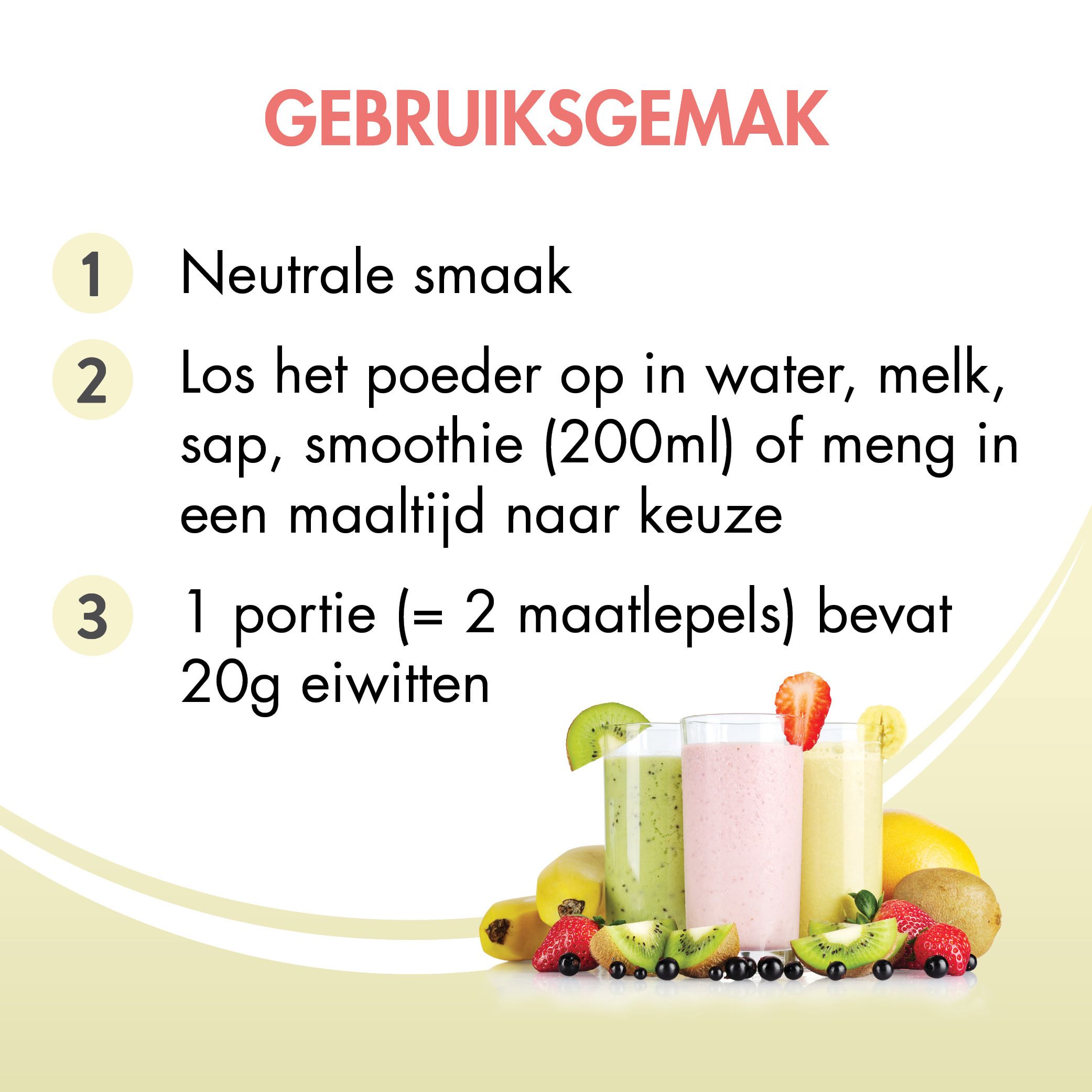 Infographic met tekst: Neutrale smaak, oplossen in drank, 1 portie (2 maatschepjes) bevat 20g eiwitten.