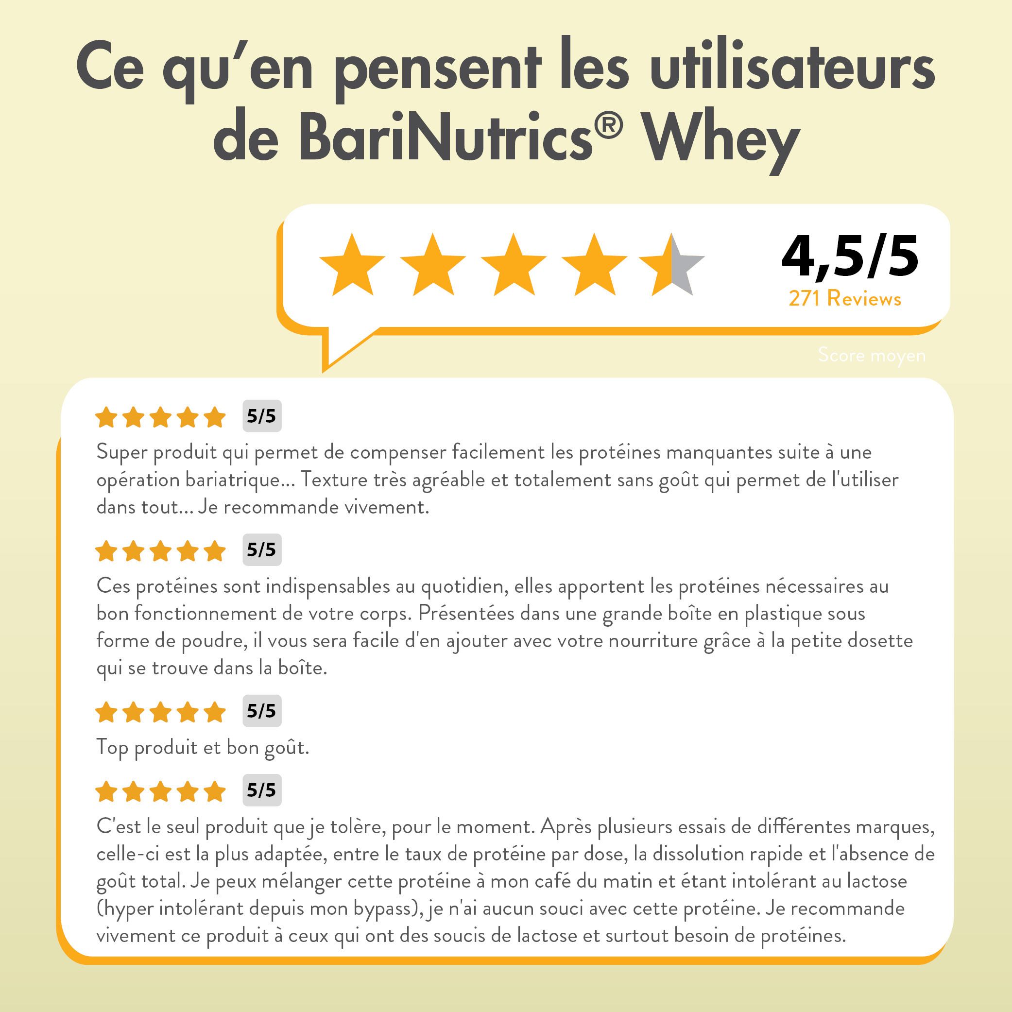 Avis sur BariNutrics Whey. 4,5/5 étoiles. Citations d'utilisateurs.