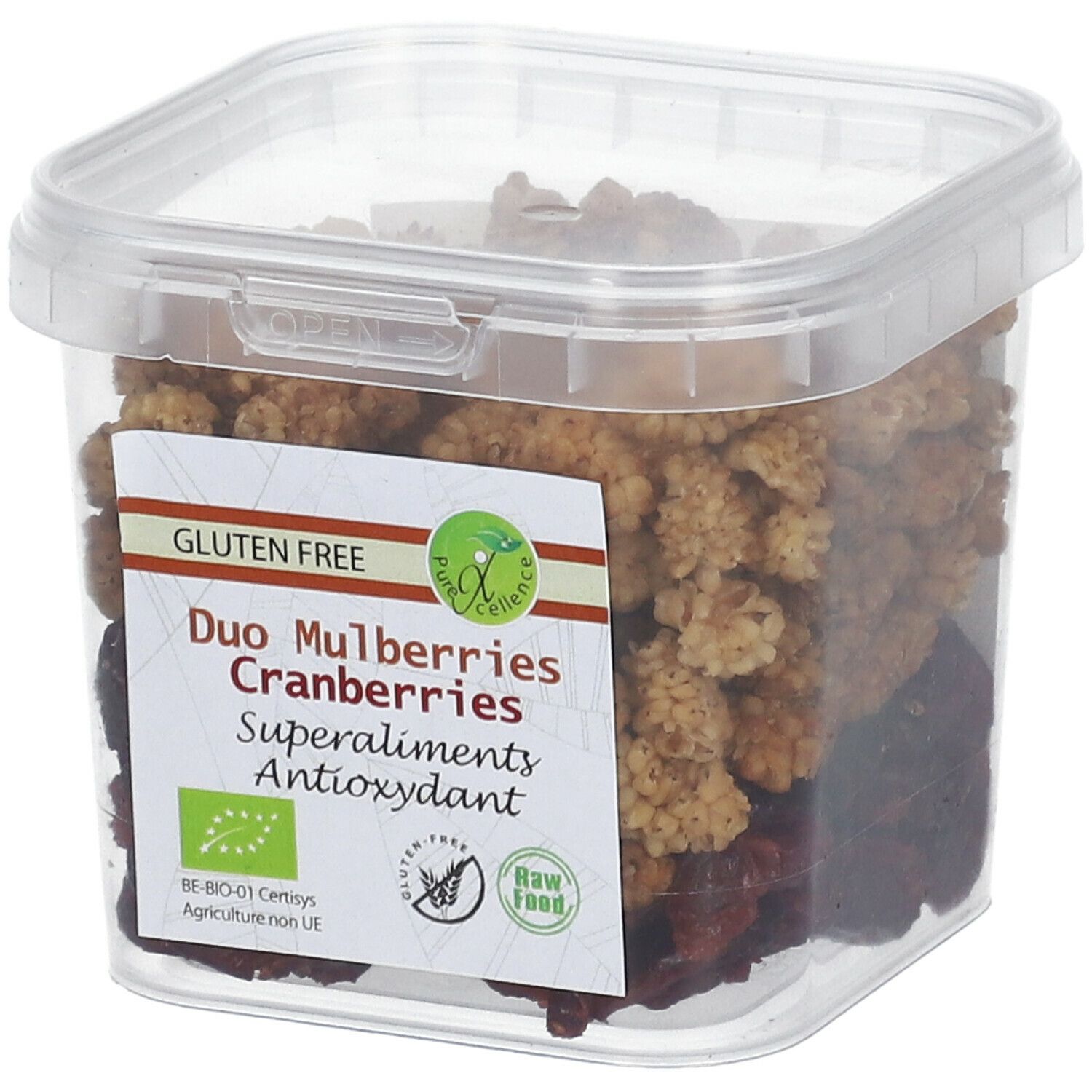 Transparante vierkante doos met Superfood Duo Mulberries Cranberries. Label met productnaam, glutenvrij en bio-keurmerk.