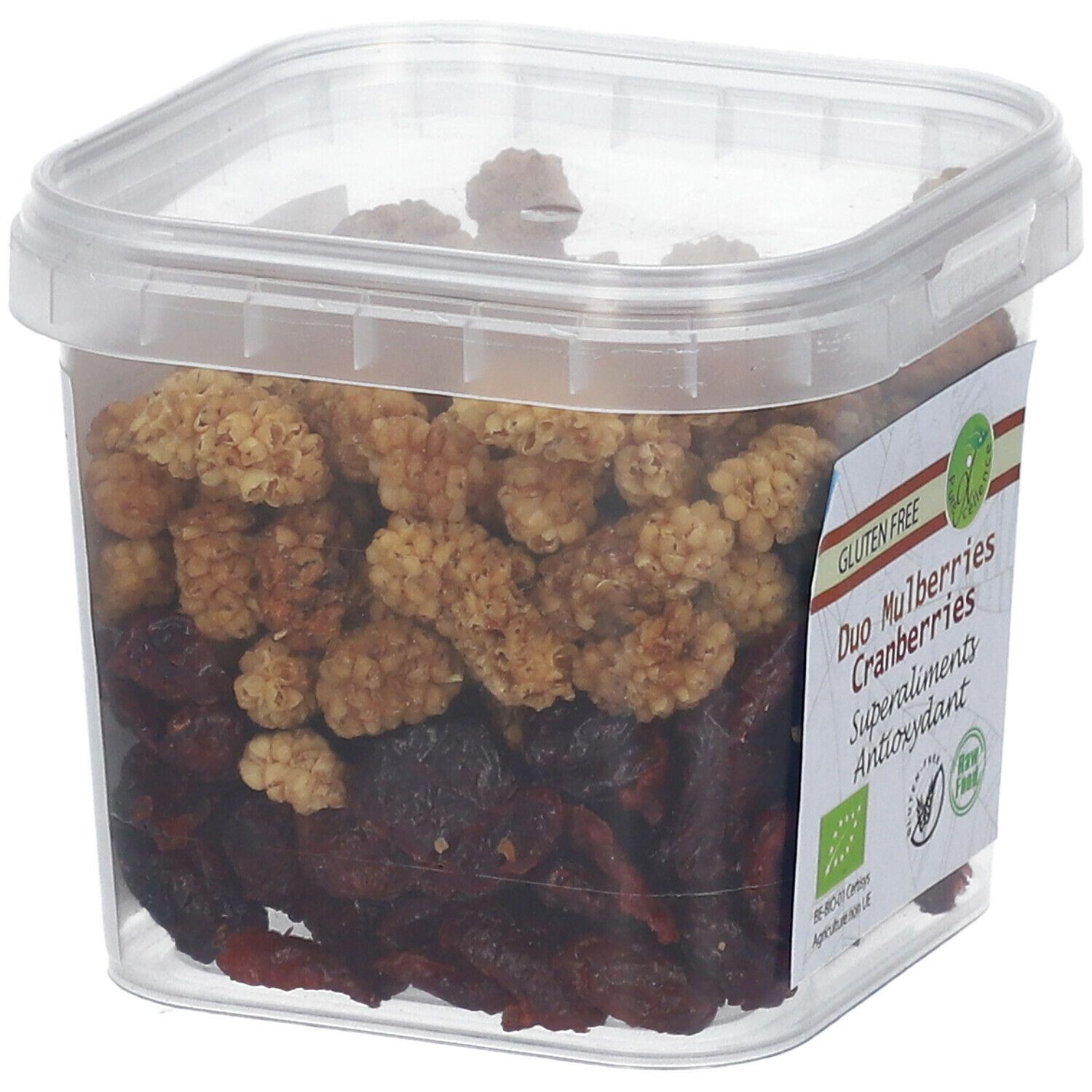 Transparante vierkante doos met Superfood Duo Mulberries Cranberries. Product zichtbaar. Label met productnaam.