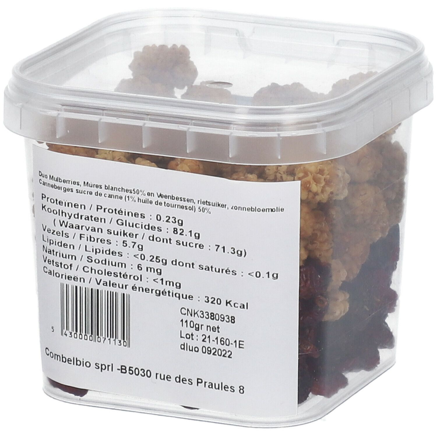 Transparante doos met Superfood Duo Mulberries Cranberries. Voedingswaarde op etiket. Productnaam en logo.