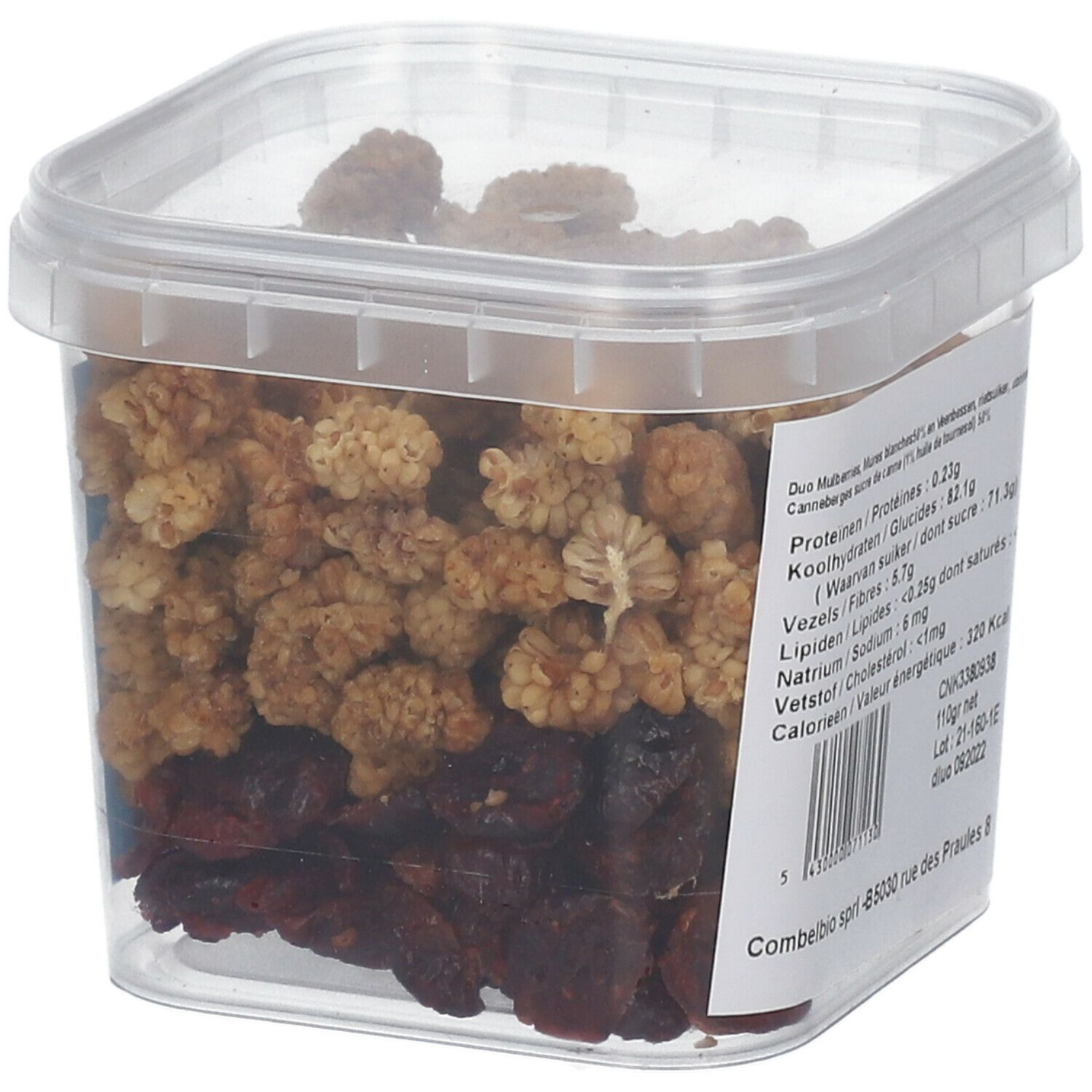 Transparante doos met Superfood Duo Mulberries Cranberries. Product zichtbaar. Label met voedingswaarde en logo.