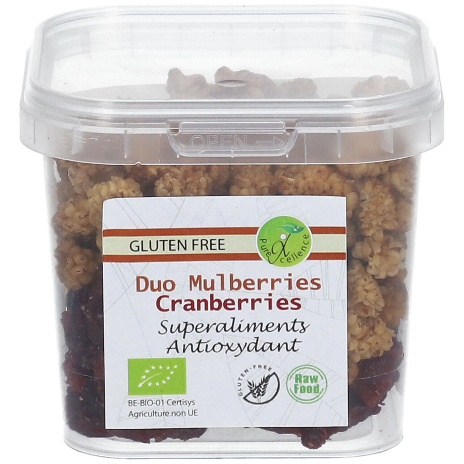 Transparante vierkante doos met Superfood Duo Mulberries Cranberries. Label met productnaam, glutenvrij en bio-keurmerk.
