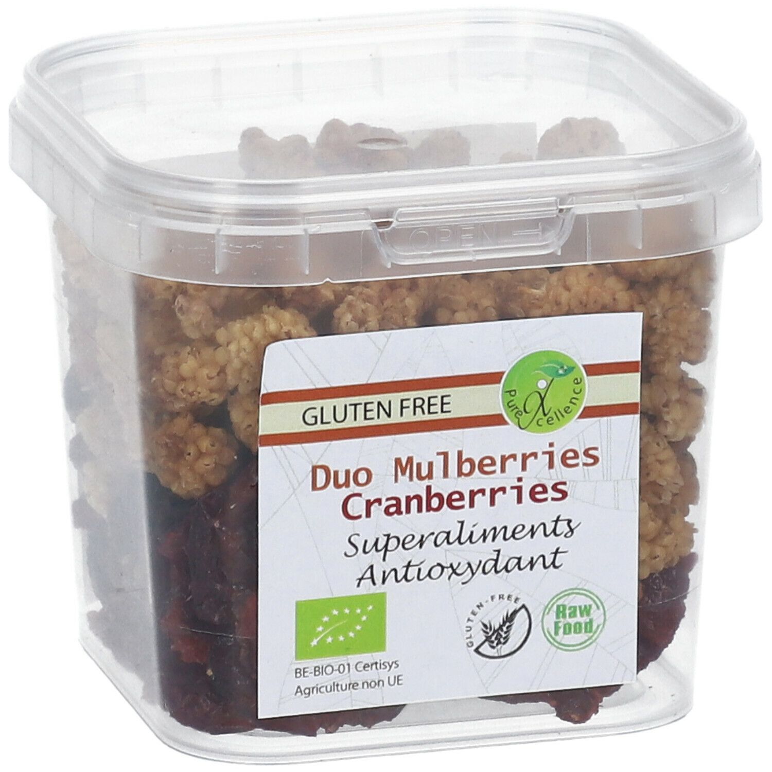 Transparante vierkante doos met Superfood Duo Mulberries Cranberries. Label met productnaam, glutenvrij en bio-keurmerk.