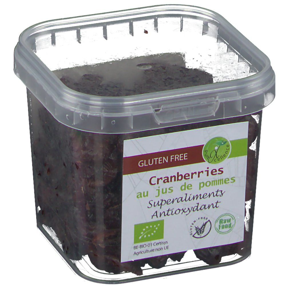 Transparante bak met cranberries. Label met tekst: Cranberries au jus de pommes, Superaliments, Antioxidant. Glutenvrij.