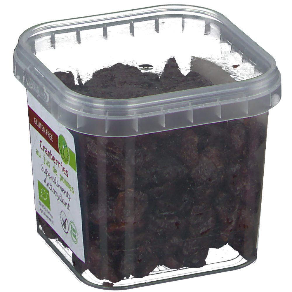 Transparante bak met cranberries. Label met tekst: Cranberries au jus de pommes, Superaliments, Antioxidant. Glutenvrij.