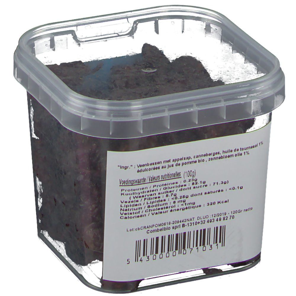 Transparante bak met cranberries. Label met voedingswaarde en ingrediënten. Tekst: Cranberries au jus de pommes. Bio-label.