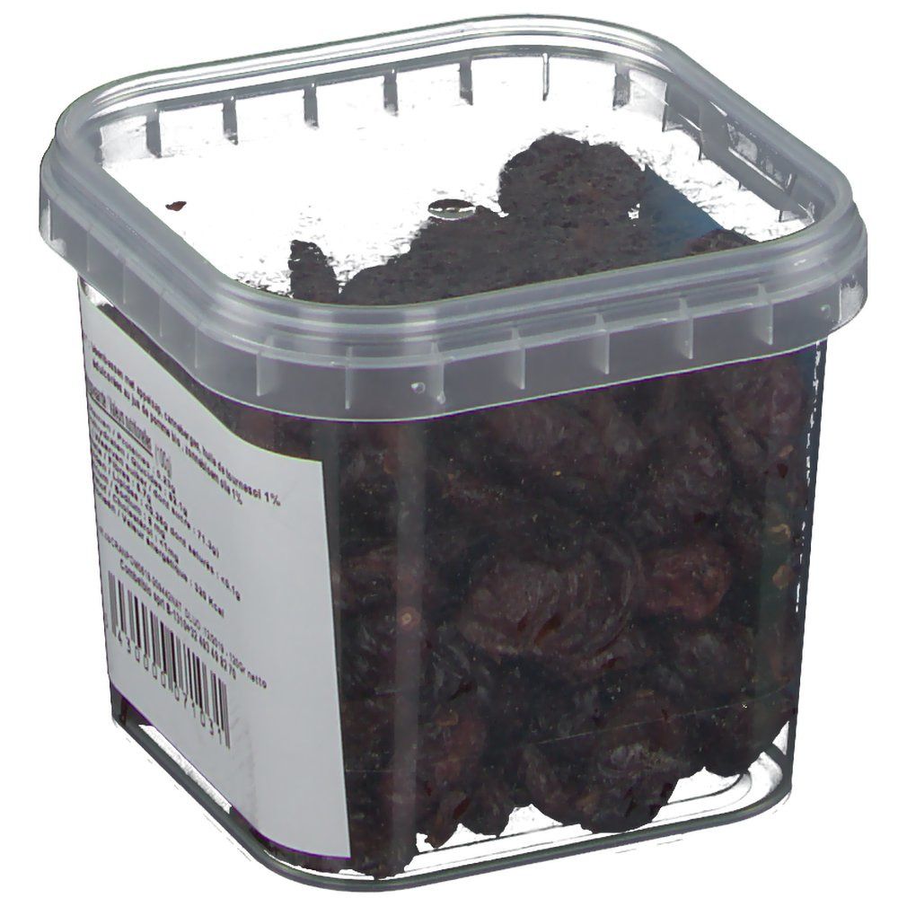 Transparante bak met cranberries. Label met voedingswaarde en ingrediënten. Tekst: Cranberries au jus de pommes. Bio-label.
