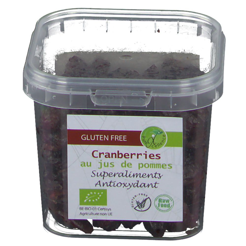Transparante bak met cranberries. Label met tekst: Cranberries au jus de pommes, Superaliments, Antioxidant. Glutenvrij. Bio-label.