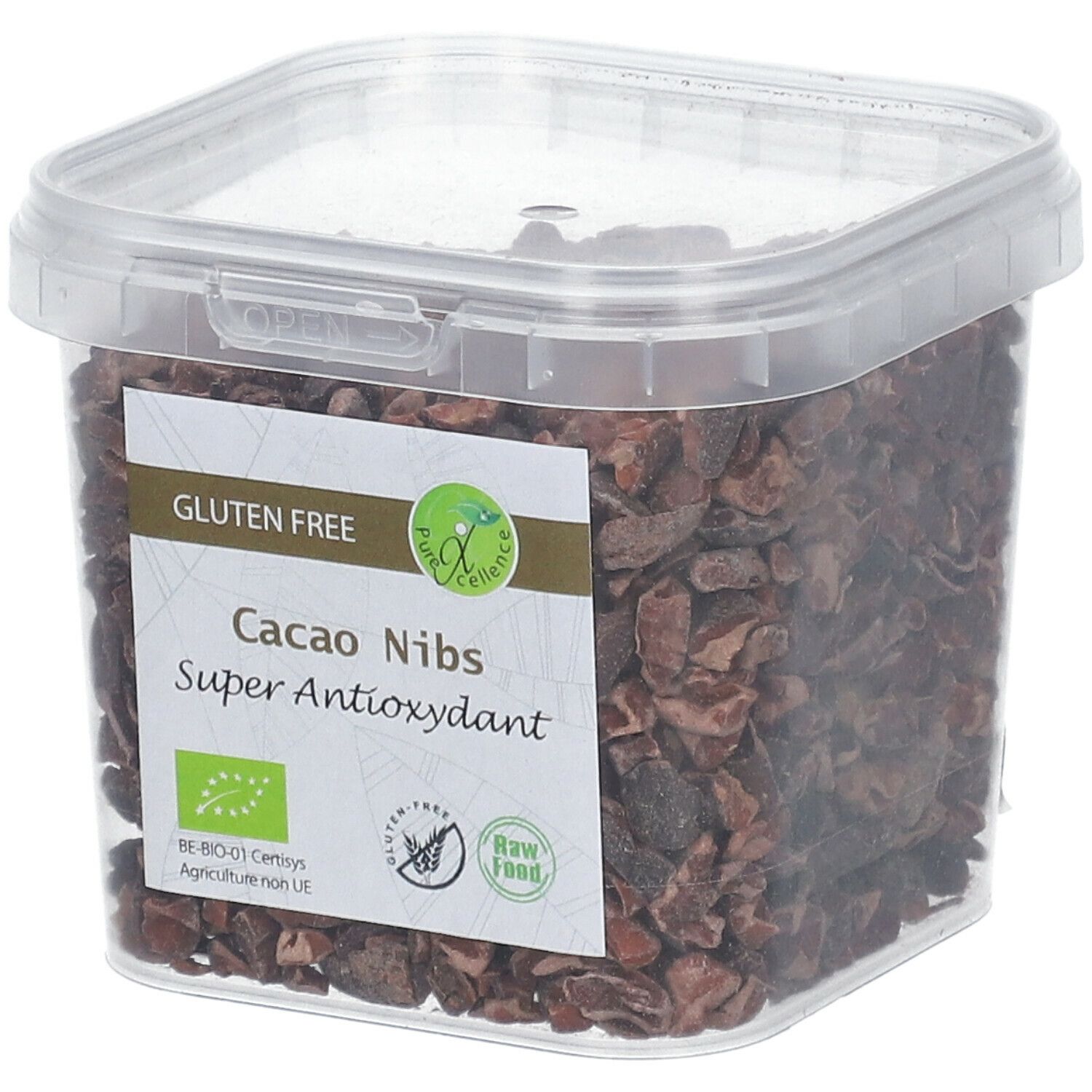 Transparante vierkante bak met cacao nibs. Opschrift: Glutenvrij, Cacao Nibs, Super Antioxidant. Bio-label.