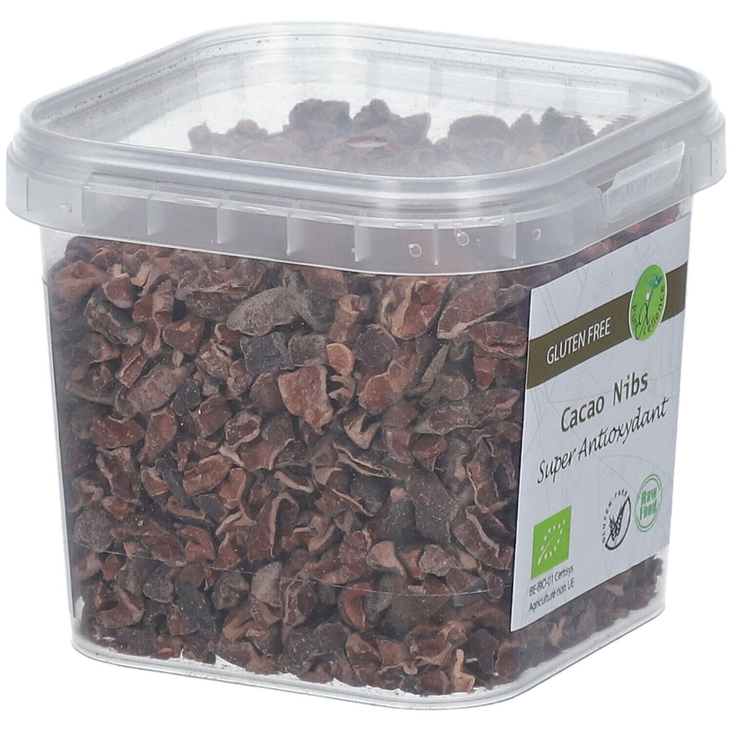 Transparante vierkante bak met cacao nibs. Opschrift: Glutenvrij, Cacao Nibs, Super Antioxidant. Bio-label.