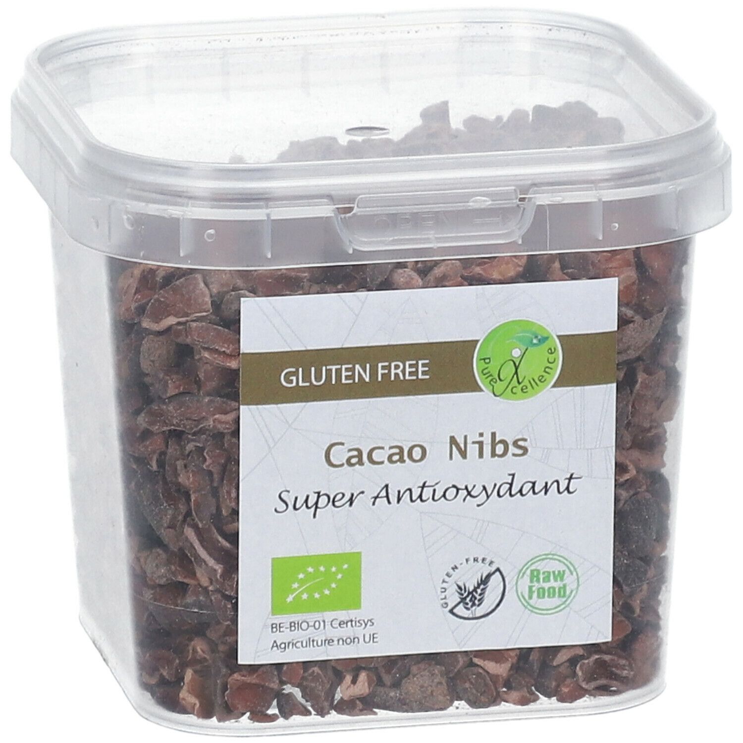 Transparante vierkante bak met cacao nibs. Opschrift: Glutenvrij, Cacao Nibs, Super Antioxidant. Bio-label.