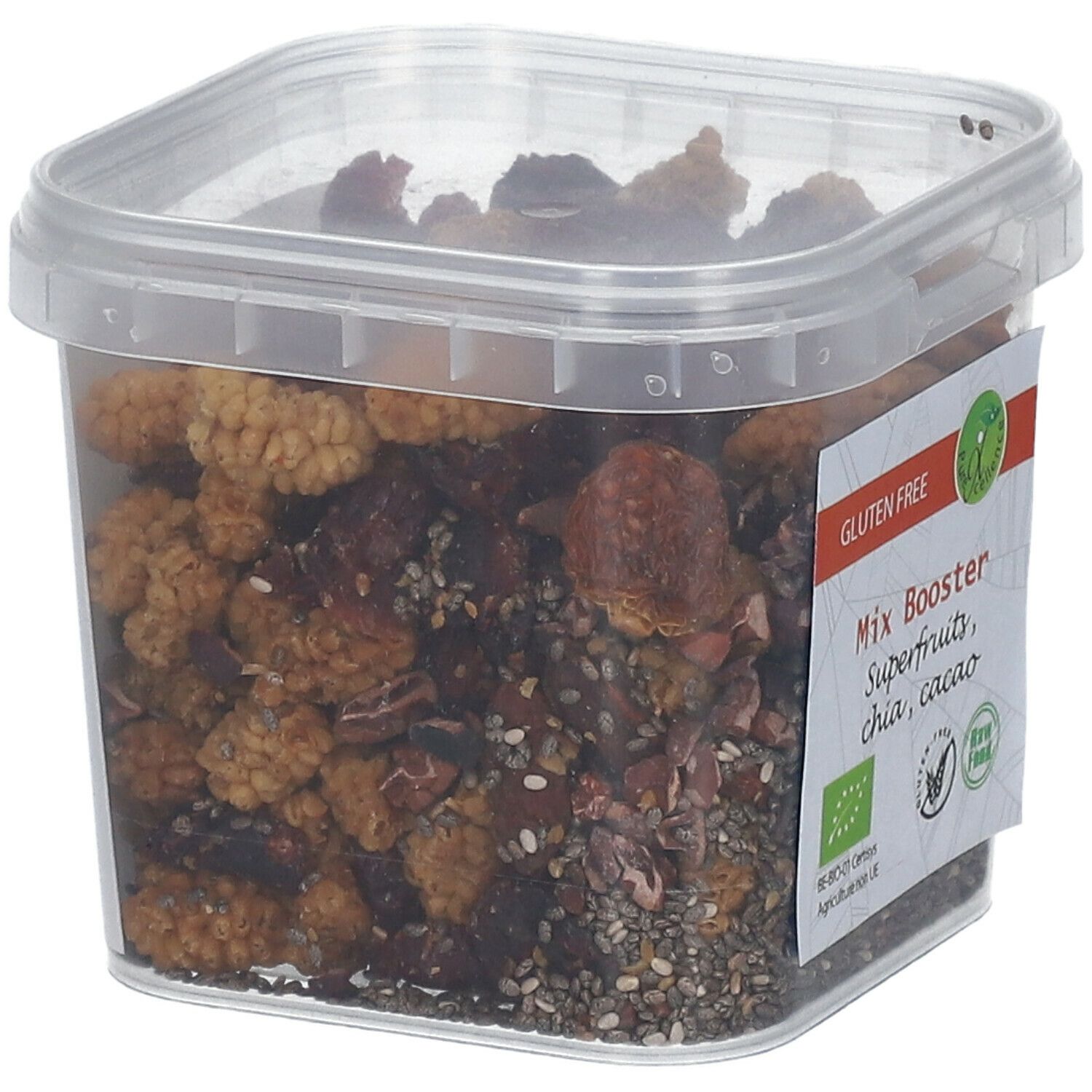 Transparante bak met Mix Booster Superfruits, chia, cacao. Glutenvrij label. Raw food label. Vierkante vorm.