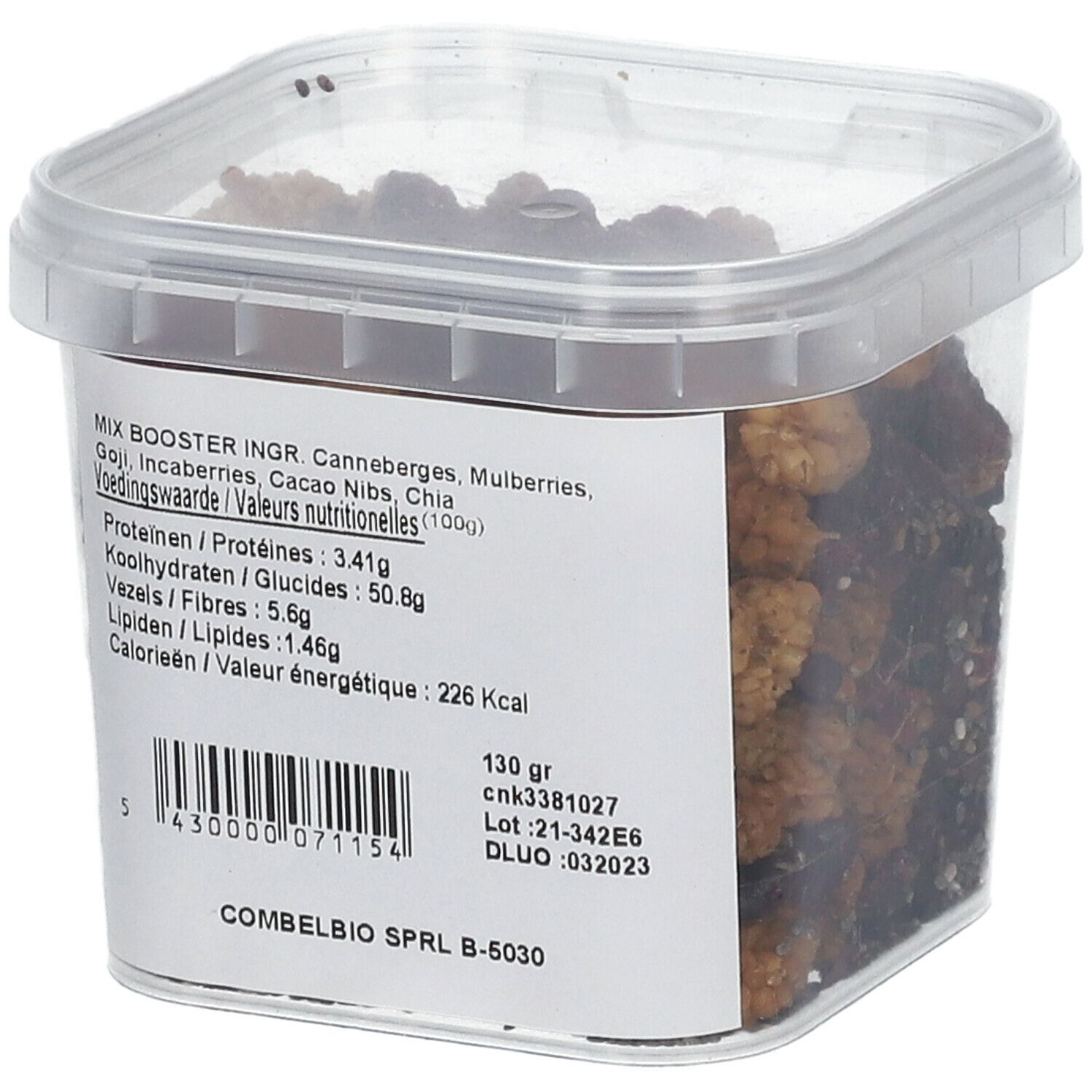 Transparante bak met Mix Booster. Ingrediëntenlijst, voedingswaarde, barcode. Vierkante vorm.