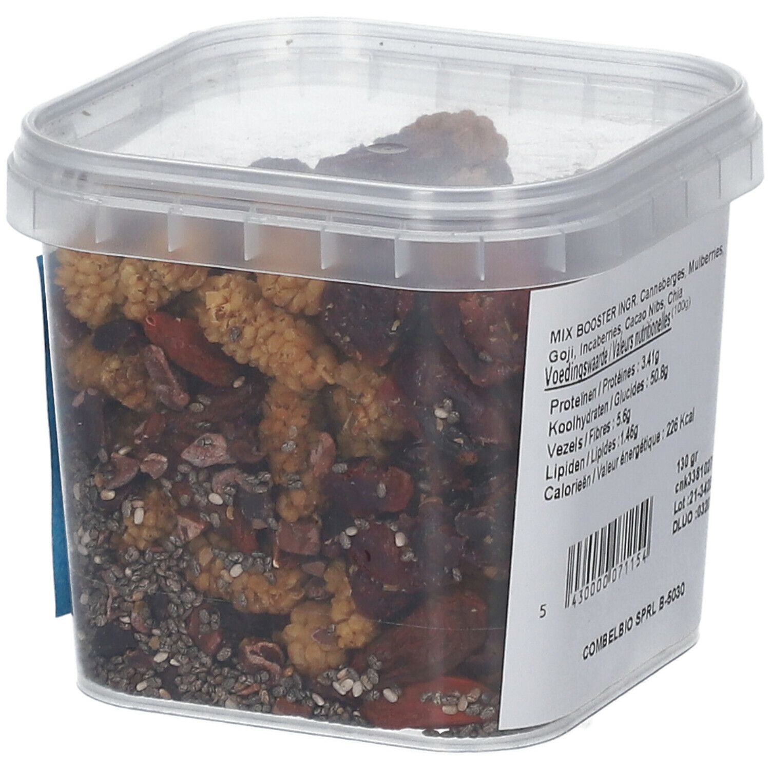 Transparante bak met Mix Booster. Ingrediëntenlijst, voedingswaarde, barcode. Vierkante vorm.