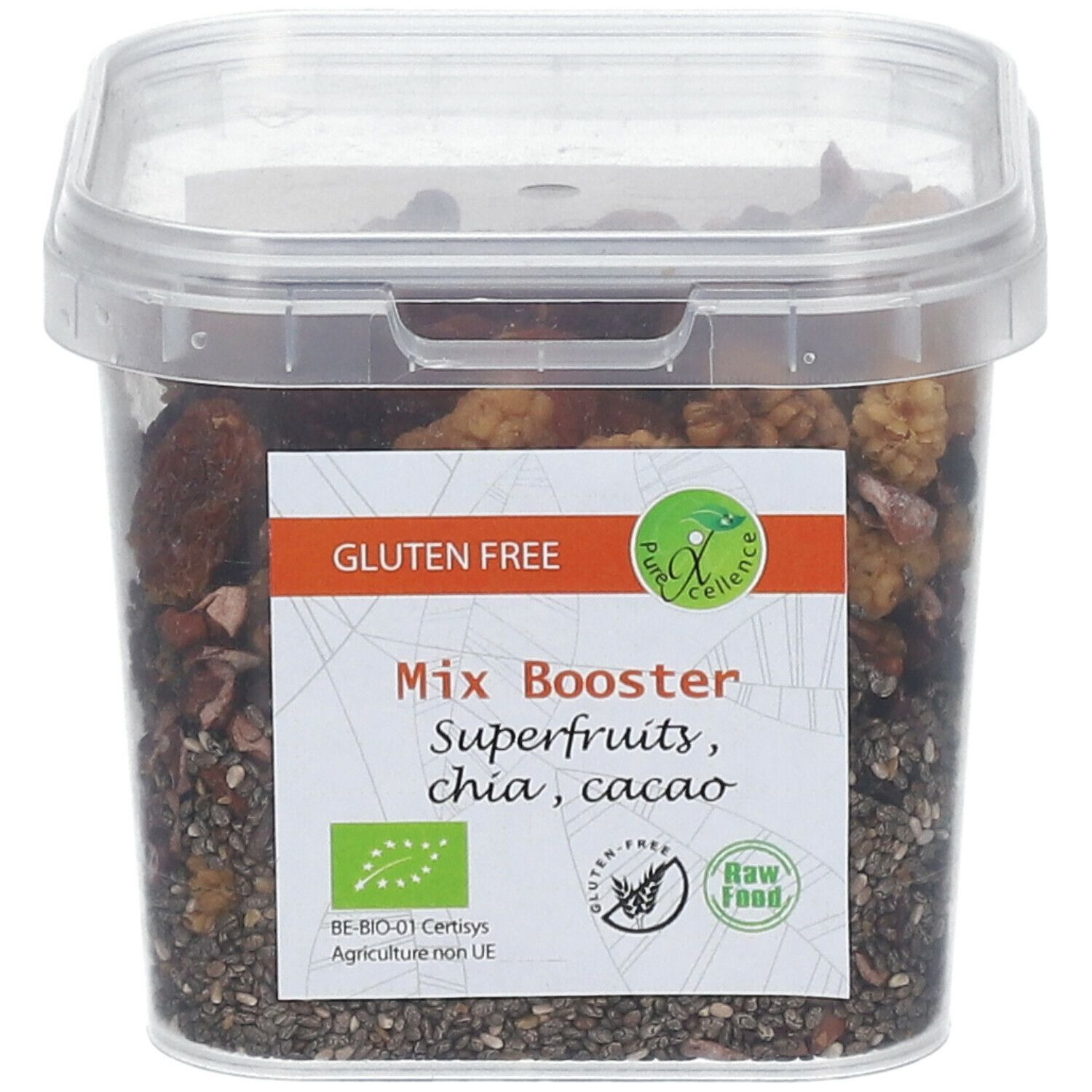 Transparante bak met Mix Booster Superfruits, chia, cacao. Glutenvrij label. Raw food label. Vierkante vorm.