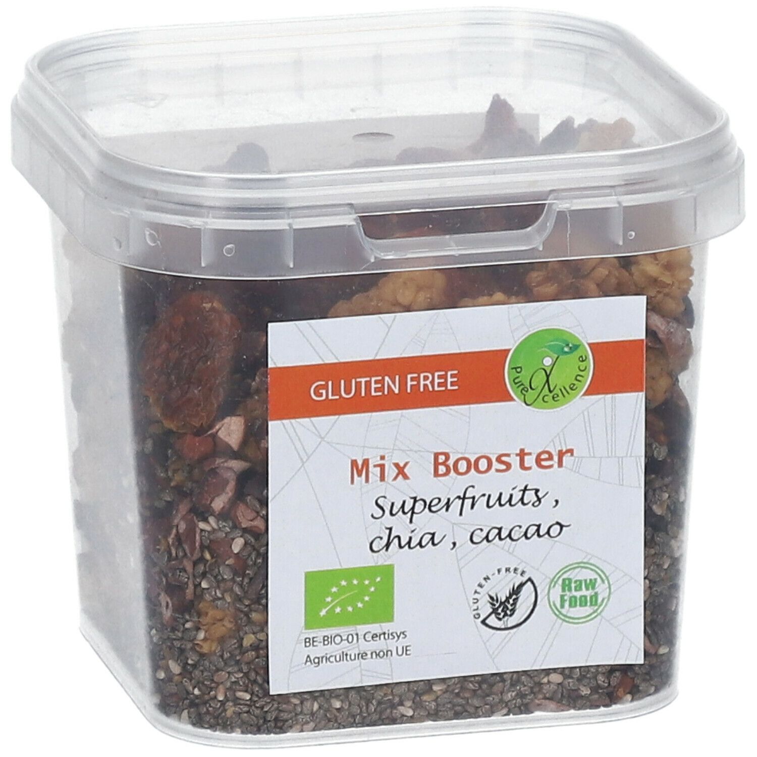 Transparante bak met Mix Booster Superfruits, chia, cacao. Glutenvrij label. Raw food label. Vierkante vorm.