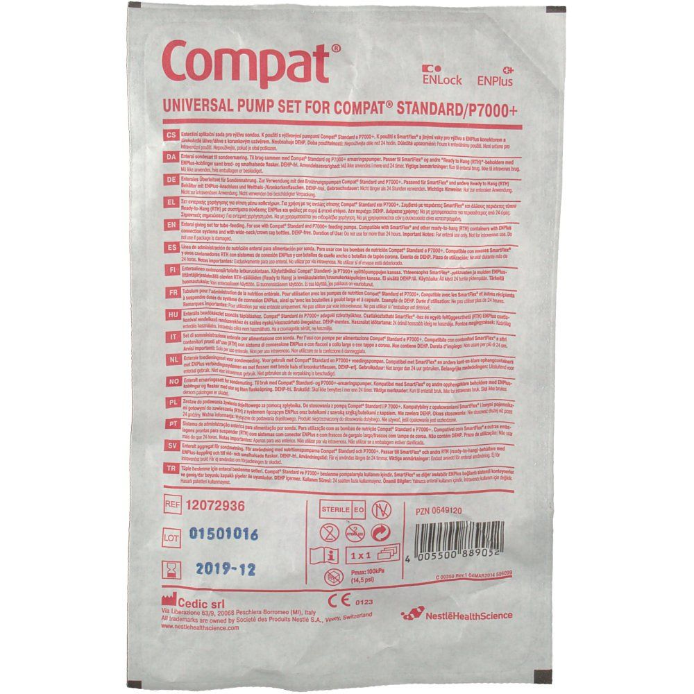 Verpakking met productinformatie. Bedrukking: Compat Universal Pump Set. CE-markering.