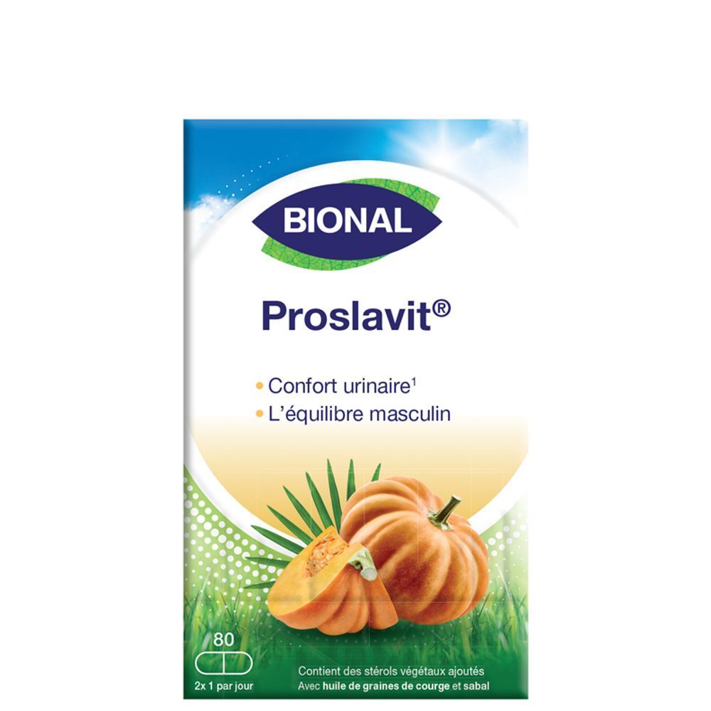 Boîte BIONAL Proslavit. Boîte bleue et jaune avec nom du produit, illustration de citrouille et 80 gélules.