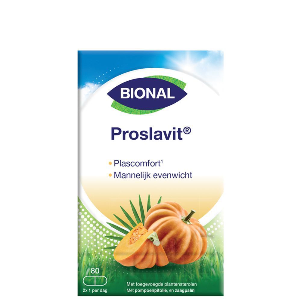 BIONAL Proslavit-verpakking. Blauwe en gele doos met productnaam, pompoenillustratie en 80 capsules.