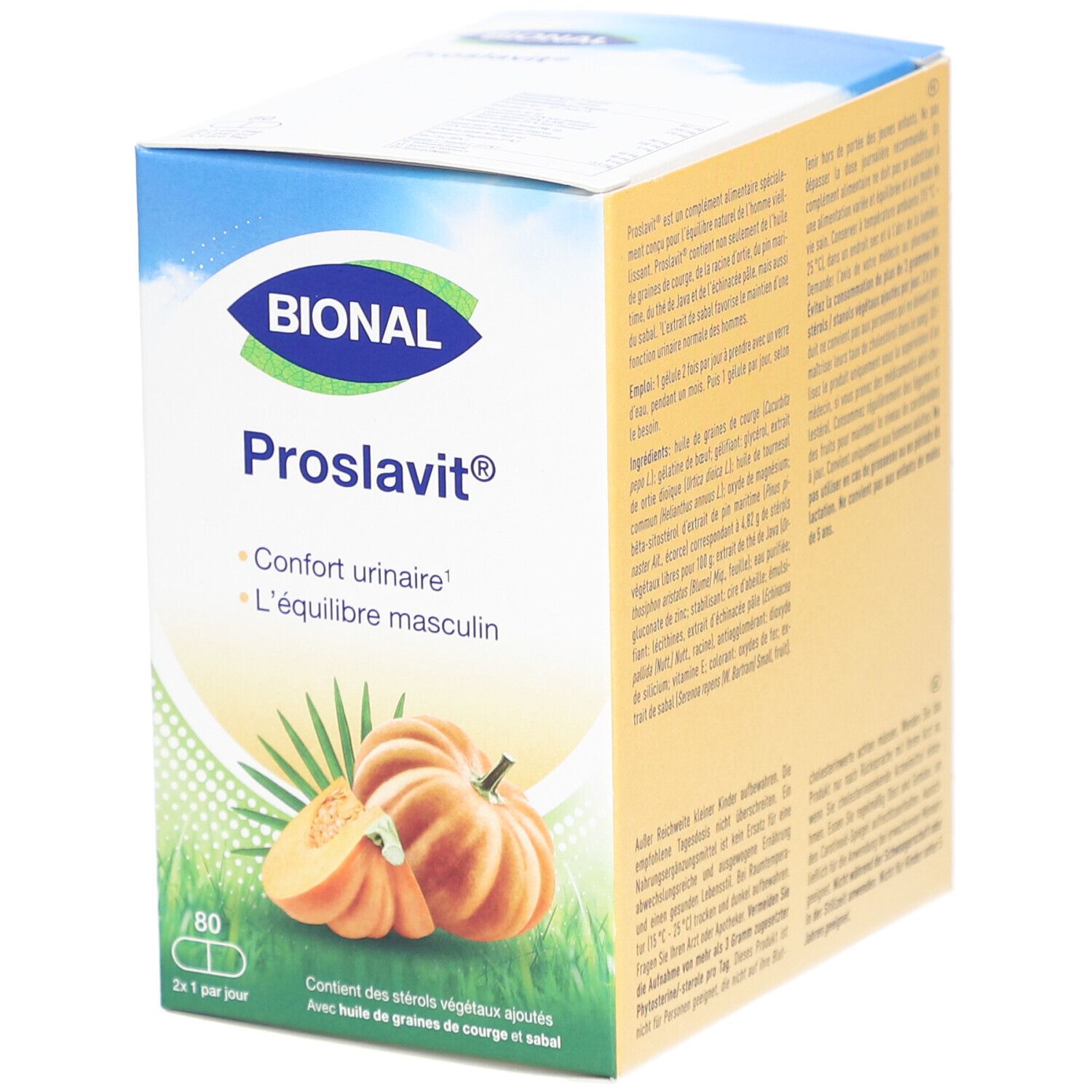 BIONAL Proslavit-verpakking. Blauwe en gele doos met productnaam, pompoenillustratie en 80 capsules.
