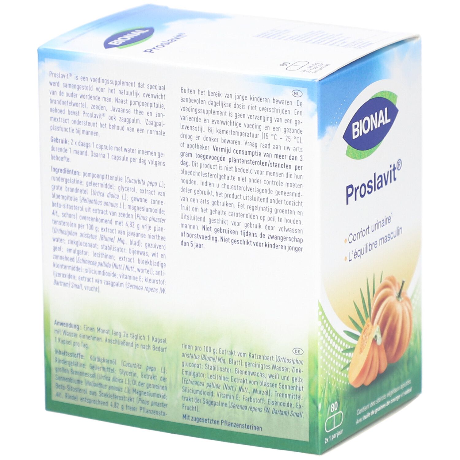 Achterkant van de BIONAL Proslavit-verpakking. Meertalige tekst, pompoenillustratie en 80 capsules.