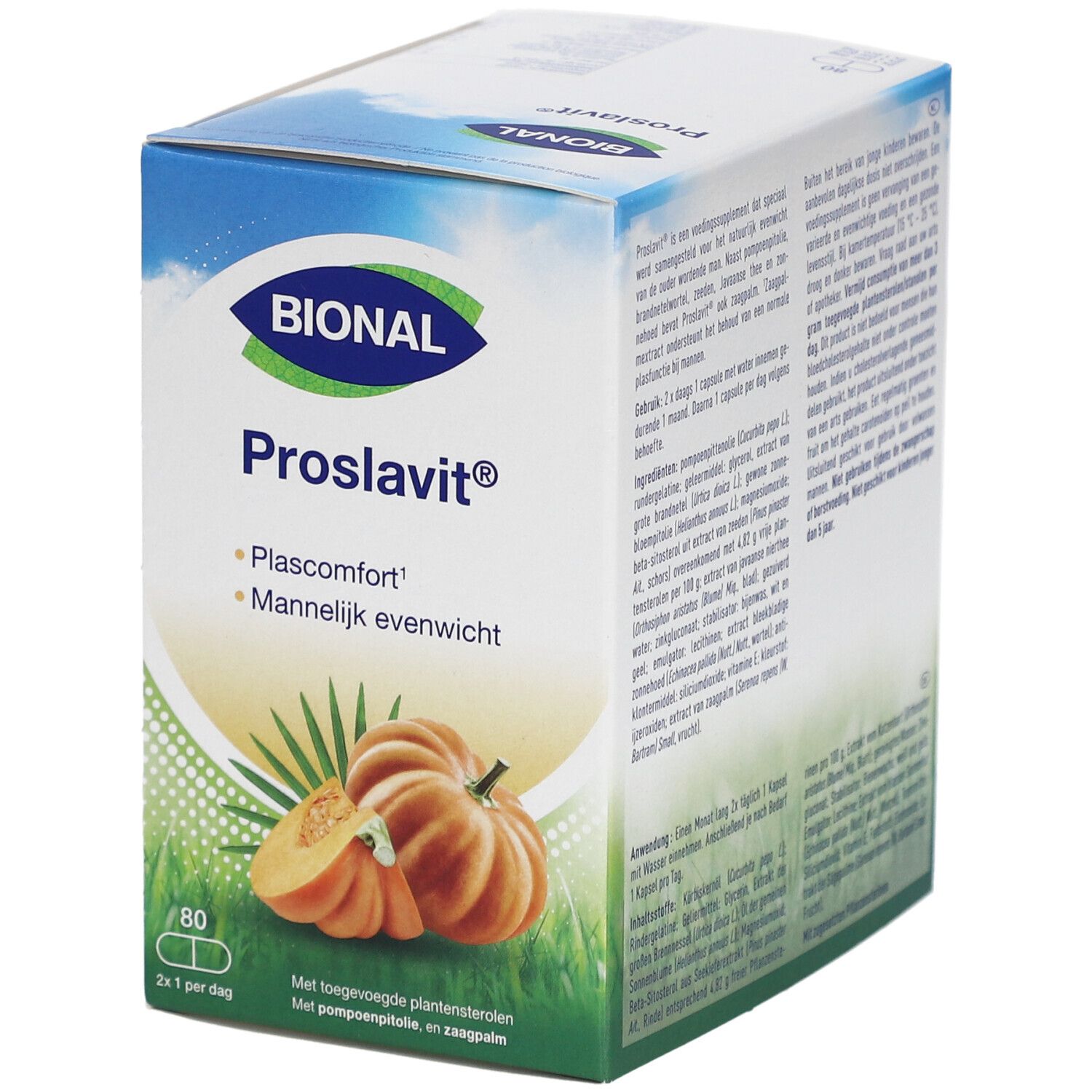 BIONAL Proslavit-verpakking. Blauwe en gele doos met productnaam, pompoenillustratie en 80 capsules.