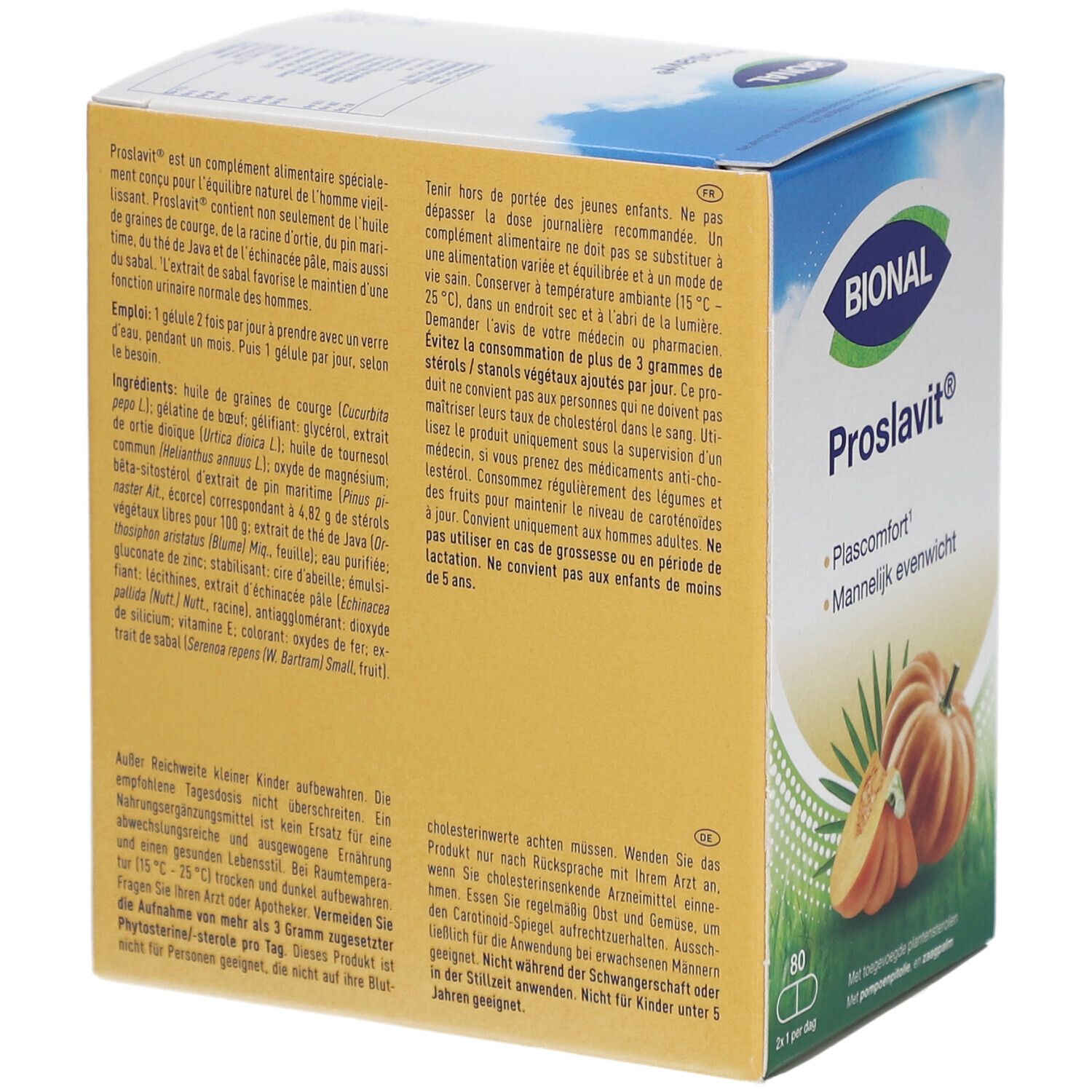 Achterkant van de BIONAL Proslavit-verpakking. Meertalige tekst, pompoenillustratie en 80 capsules.
