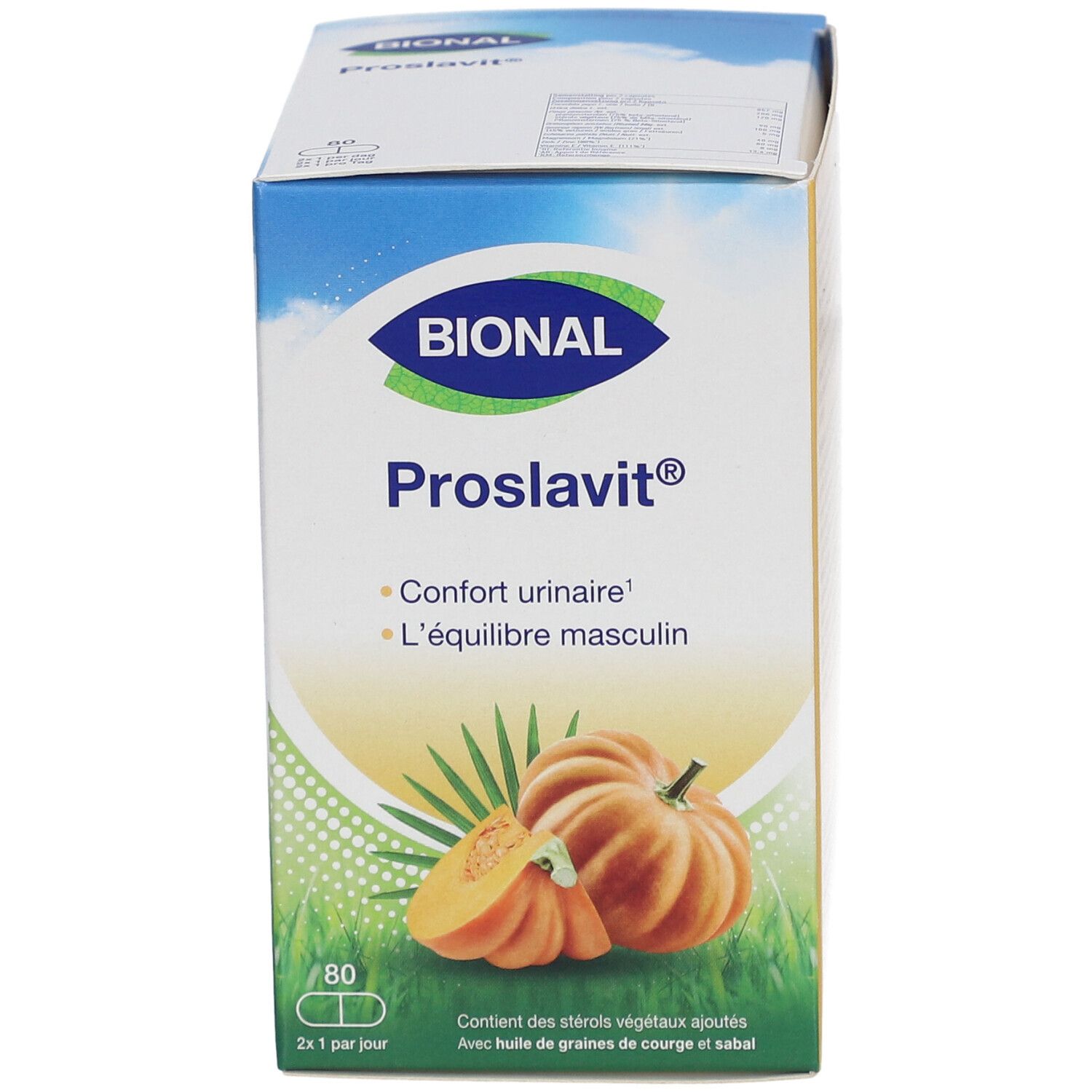 BIONAL Proslavit-verpakking. Blauwe en gele doos met productnaam, pompoenillustratie en 80 capsules.