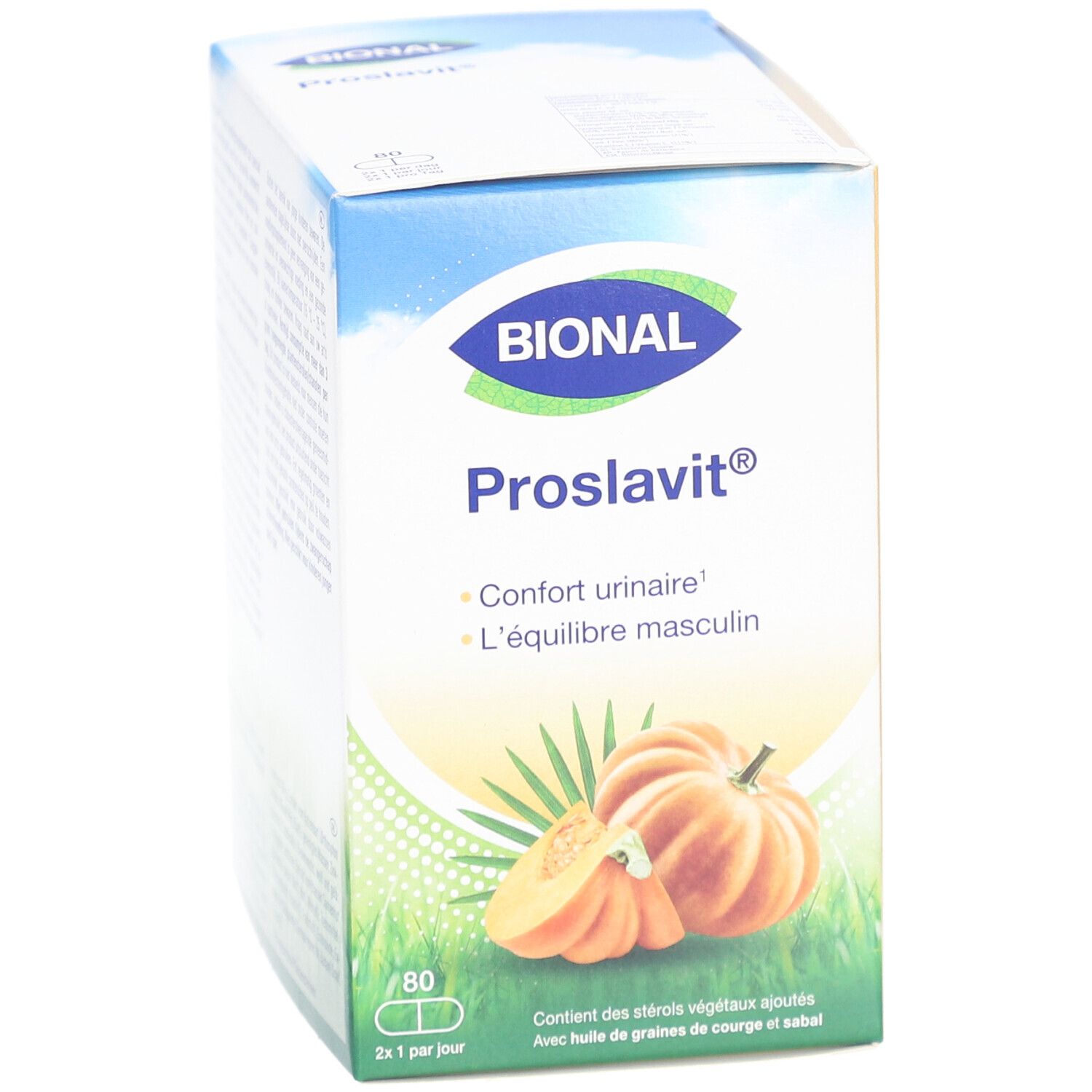 BIONAL Proslavit-verpakking. Blauwe en gele doos met productnaam, pompoenillustratie en 80 capsules.