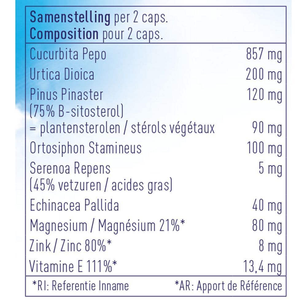 Samenstellingstabel voor BIONAL Proslavit. Ingrediënten en hoeveelheden in mg.