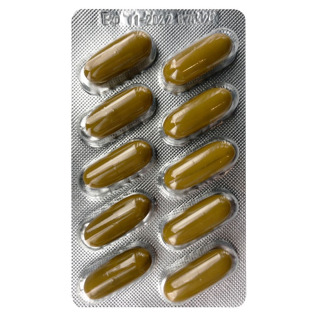 Blisterverpakking met 10 bruine capsules. De capsules zijn langwerpig.