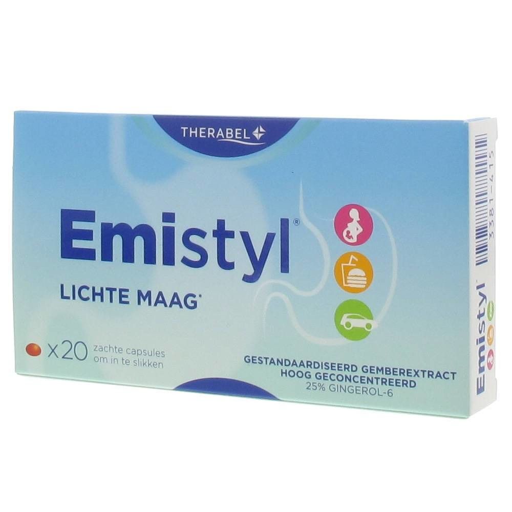 Verpakking met 20 capsules. Opschrift: Emistyl, Lichte Maag. Bevat gemberextract. Merk: Therabel.