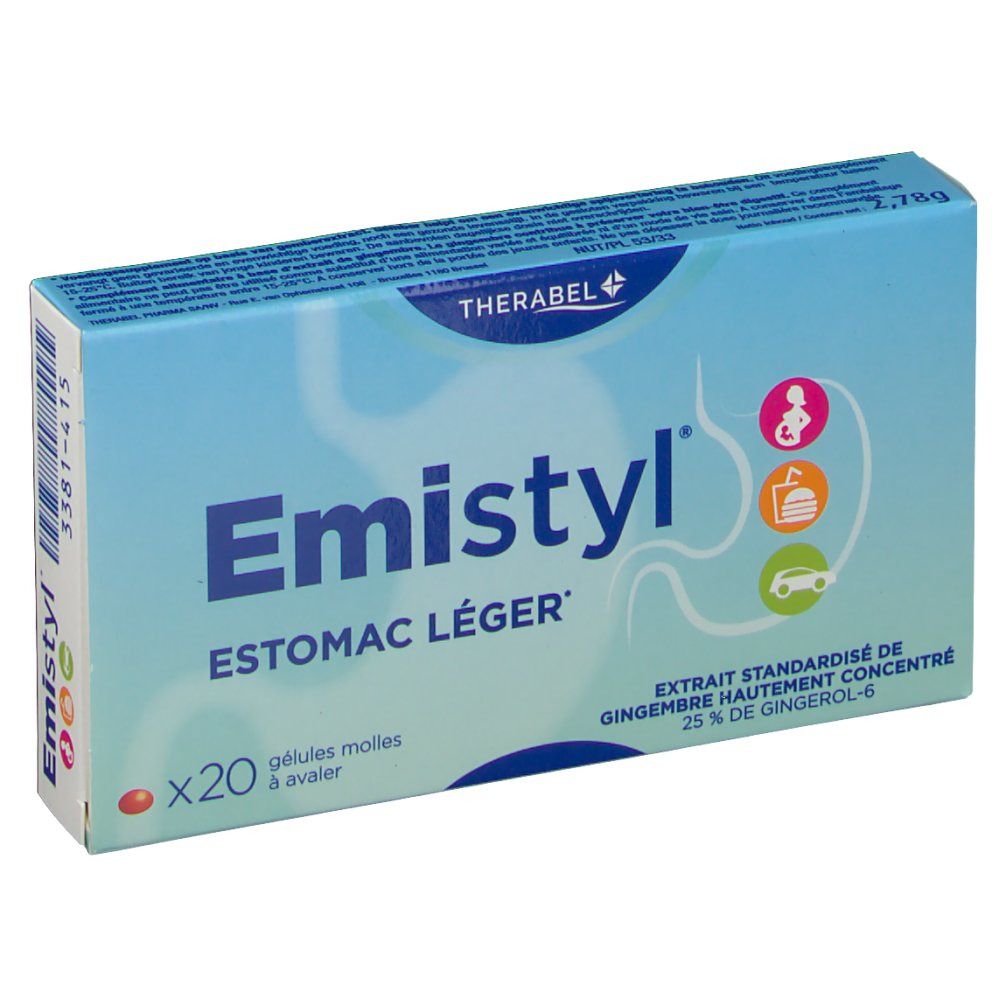 Doos met 20 capsules. Opschrift: Emistyl, Estomac Léger. Bevat gemberextract. Merk: Therabel.