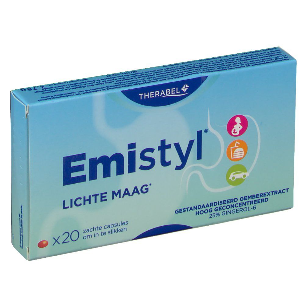 Verpakking met 20 capsules. Opschrift: Emistyl, Lichte Maag. Bevat gemberextract. Merk: Therabel.