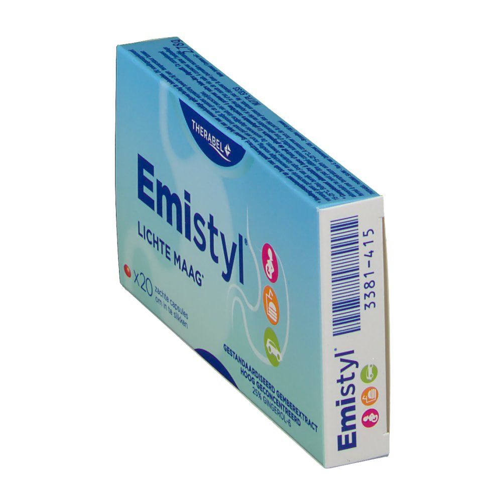 Blauw-witte doos. Opschrift: Emistyl, Lichte Maag. Bevat gemberextract. Merk: Therabel. 20 capsules.