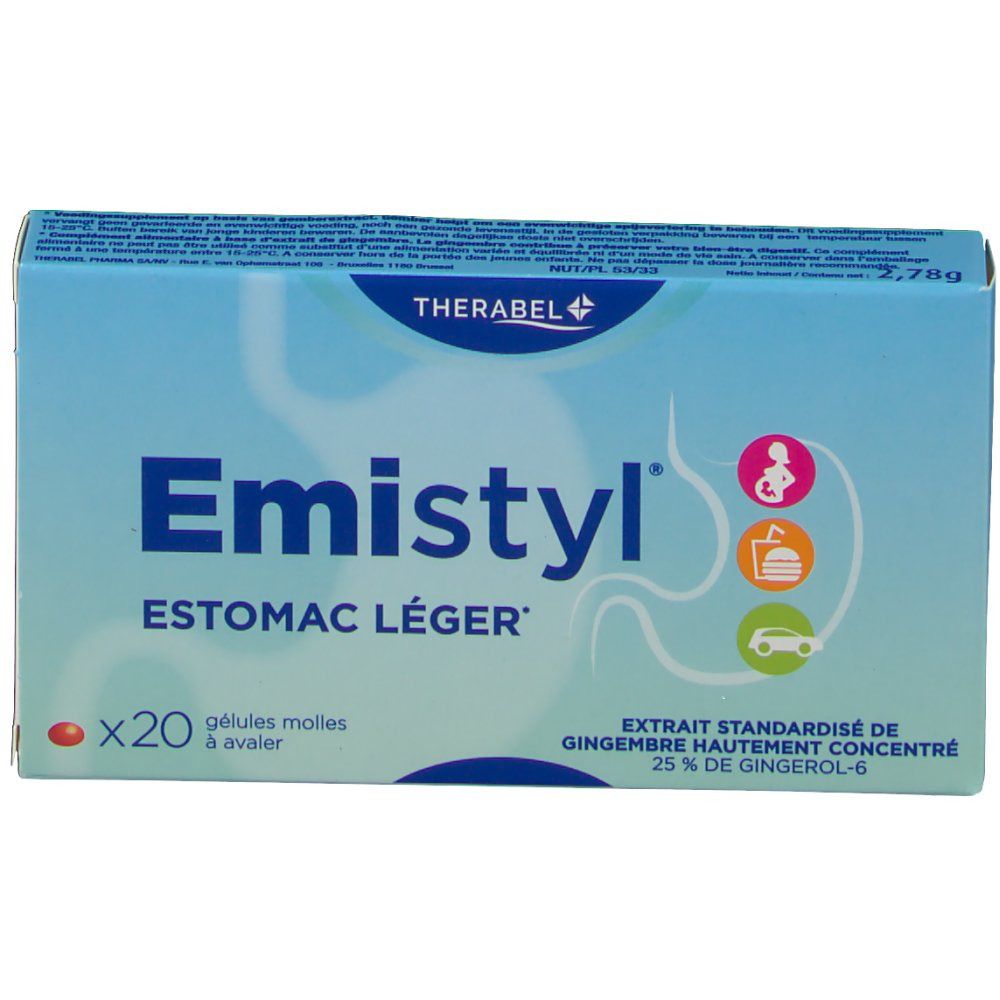 Doos met 20 capsules. Opschrift: Emistyl, Estomac Léger. Bevat gemberextract. Merk: Therabel.