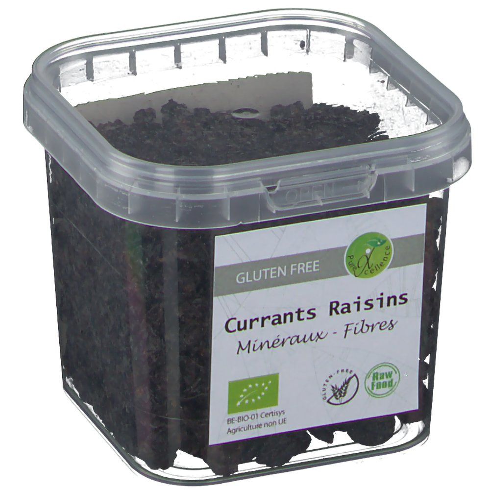 Transparante plastic doos met rozijnen. Label "Currants Raisins". Glutenvrij en biologisch keurmerk.
