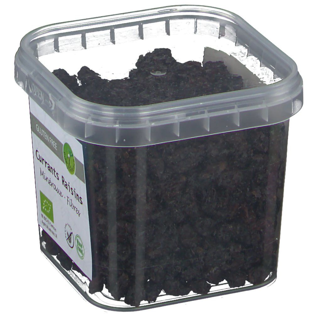 Transparante plastic doos met rozijnen. Label "Currants Raisins". Glutenvrij en biologisch keurmerk.