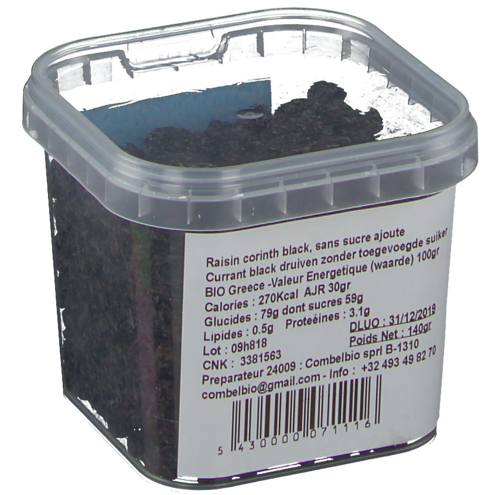 Transparante plastic doos met rozijnen. Label met voedingswaarde en houdbaarheidsdatum.