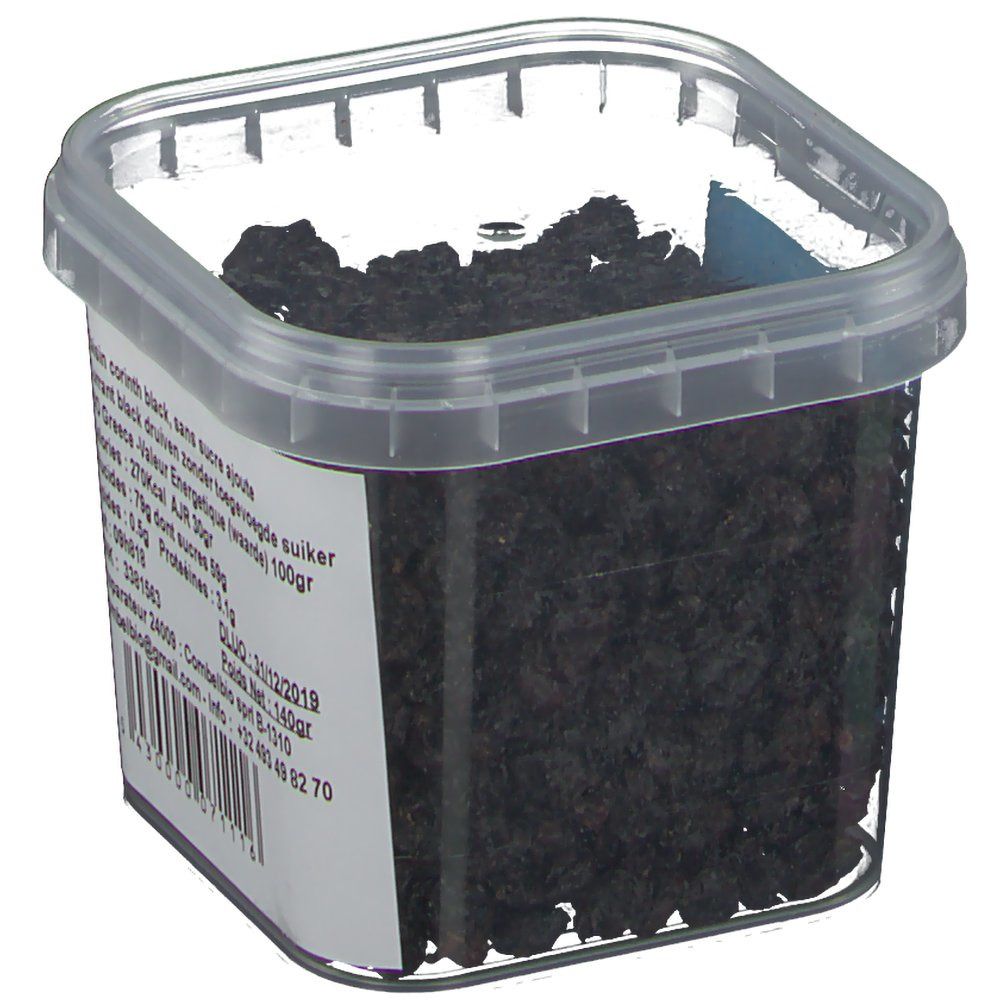 Transparante plastic doos met rozijnen. Label met voedingswaarde en houdbaarheidsdatum.
