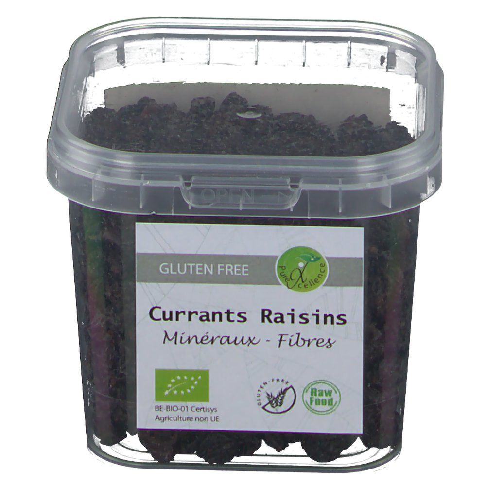 Transparante plastic doos met rozijnen. Label "Currants Raisins". Glutenvrij en biologisch keurmerk.