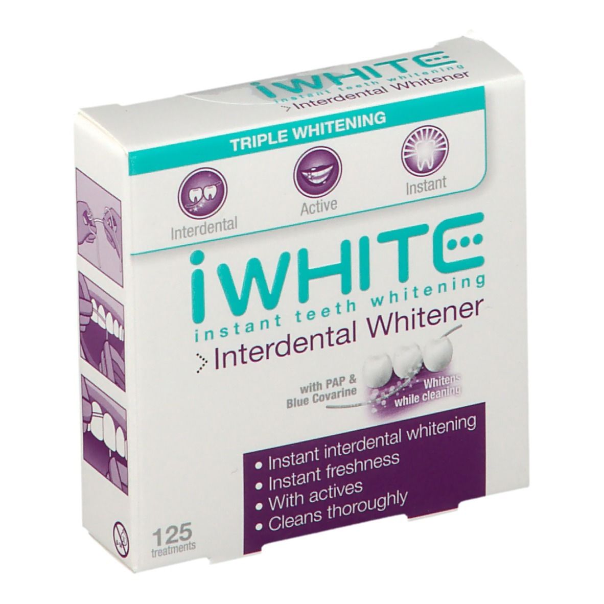 Boîte blanche avec logo "iWHITE" et informations produit. Contient 125 traitements. Inscriptions: Interdental, Active, Instant.